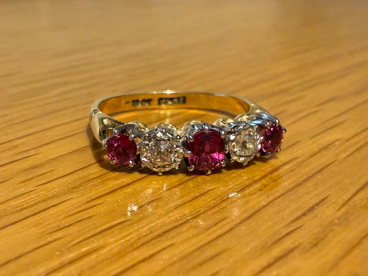 18CT YELLOW GOLD RUBY AND DIAMOND 5 STONE ETERNITY RING